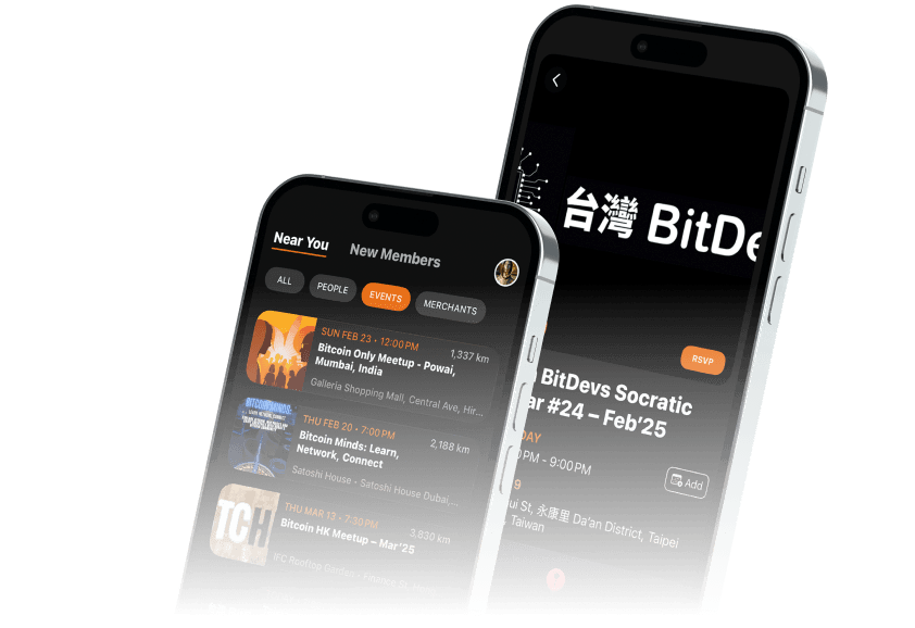 Two phones showing Bitcoin meetup listings and event details