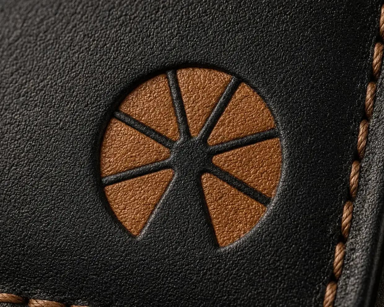 Close-up of the orange Club Orange logo pressed into the leather